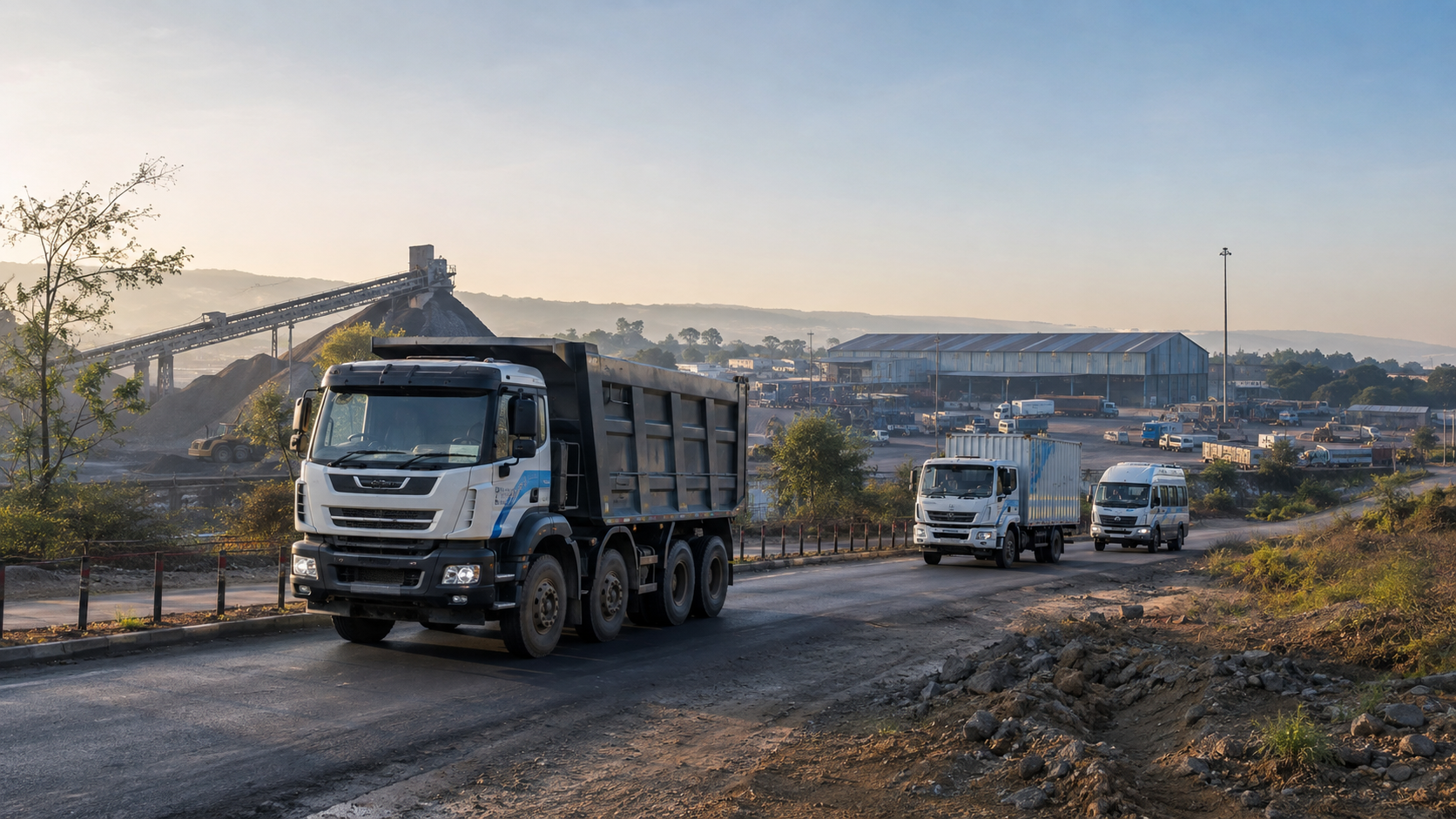 Commercial trucks moving through an Indian industrial operation